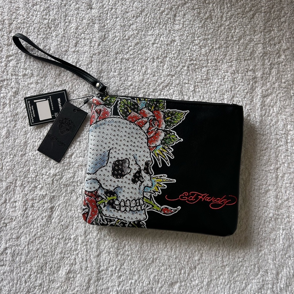 NEW Ed Hardy Black Skull Wristlet faux leather embroidered